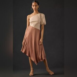 By Anthropologie Faux Leather Satin One Shoulder‎ Asymmetric Midi Dress Size 10